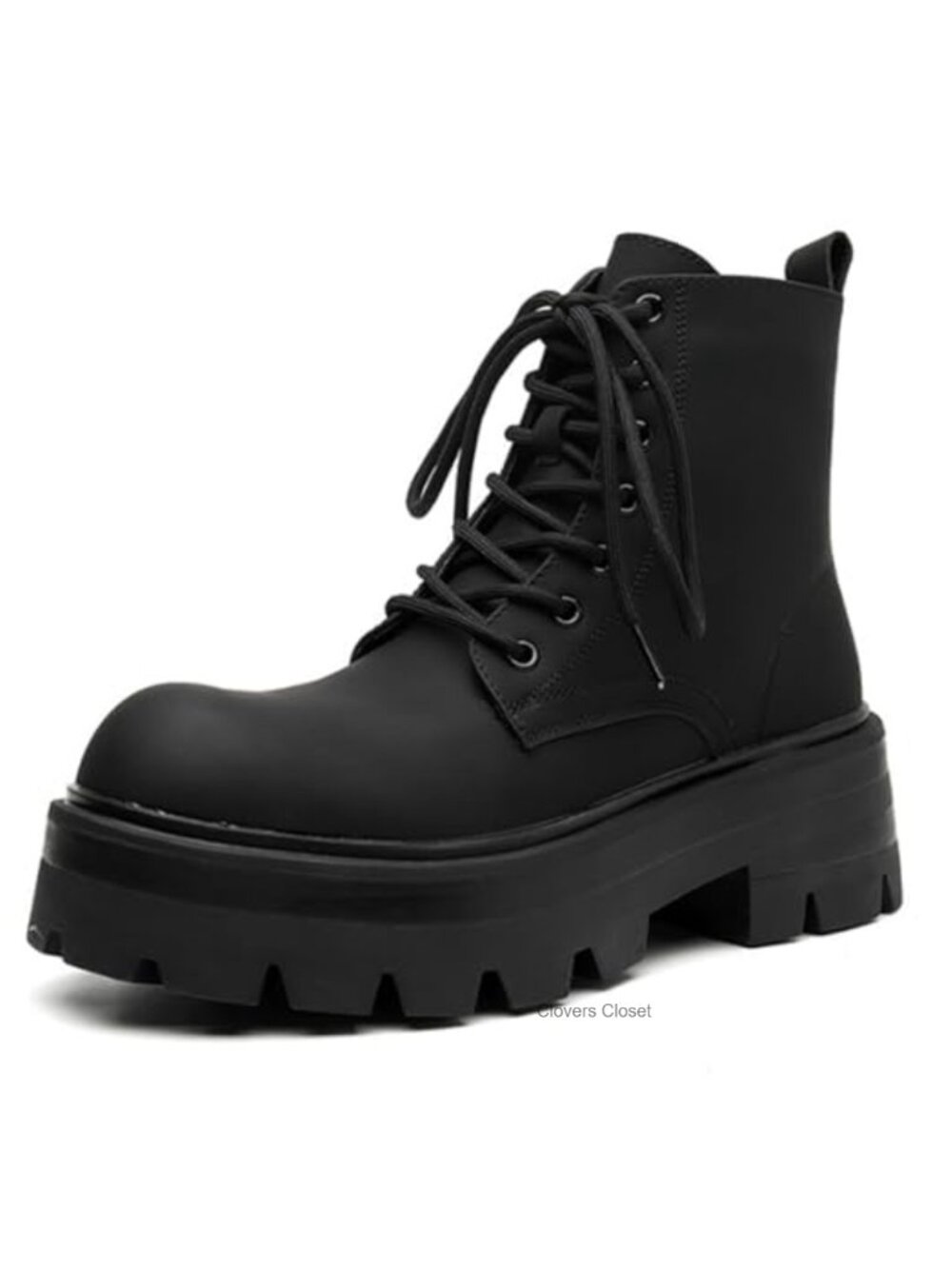 Men's Leather Lace-up Platform Combat Boots Wide Toe Side Zipper Chunky Heel